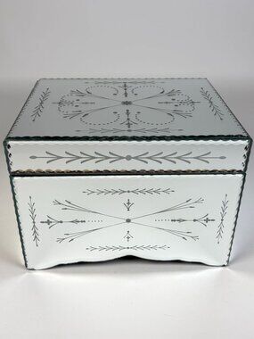 Etched Mirrored Glass Jewelry Box Black Velvet Lining Studio Silversmiths